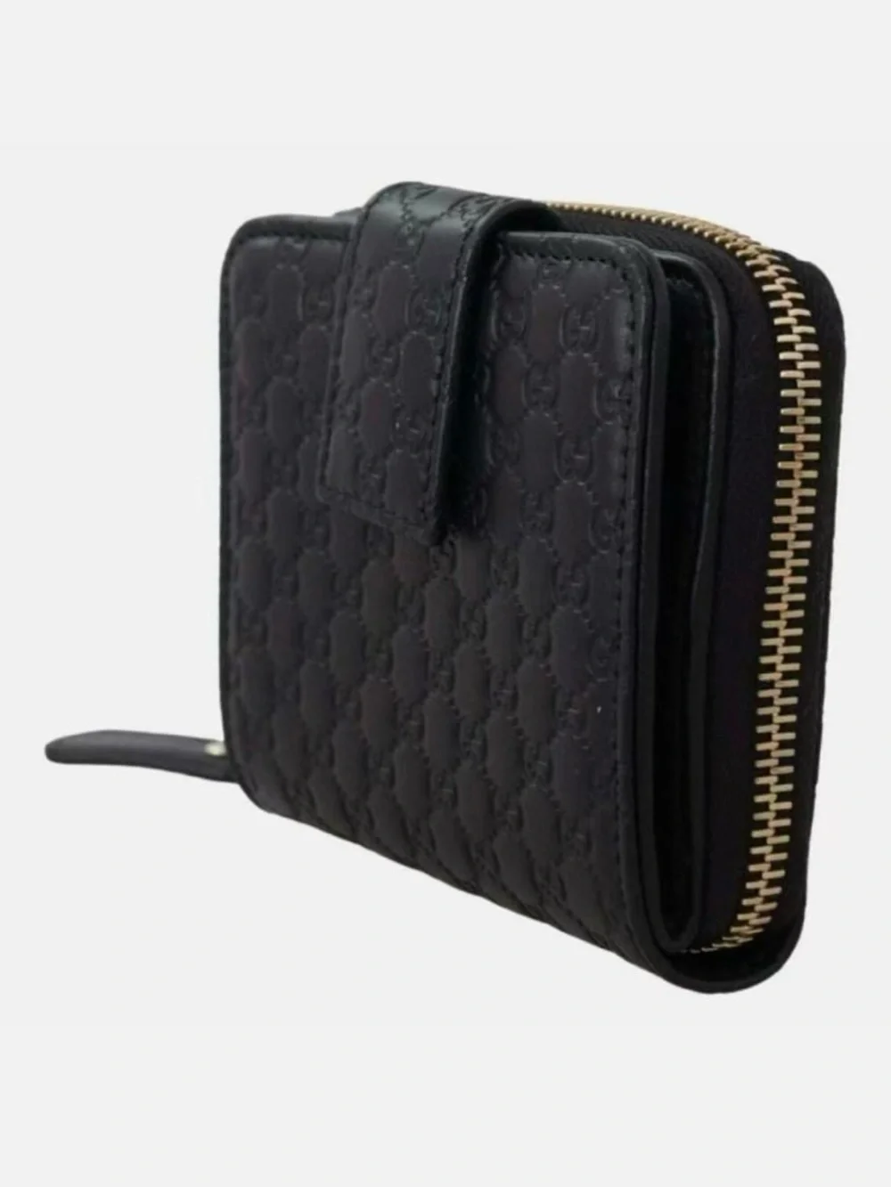 Authentic Gucci Black Leather Zip Around Compact Wallet  Card Slots Coin Purse